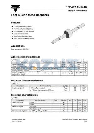 1N5417 datasheet - Fast Silicon Mesa Rectifiers