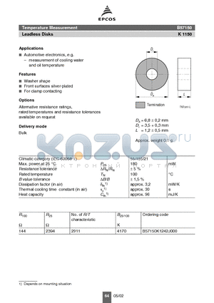 B57150 datasheet - Temperature Measurement Leadless Disks