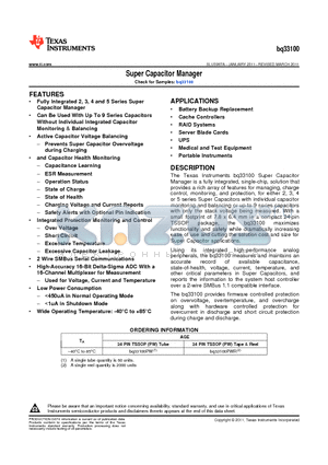 BQ33100PW datasheet - Super Capacitor Manager Capacitance Learning ESR Measurement