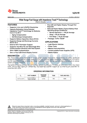 BQ34Z100 datasheet - Wide Range Fuel Gauge with Impedance Track Technology