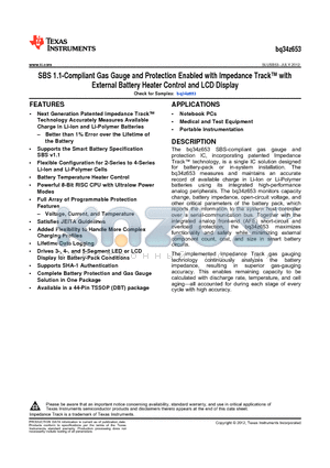 BQ34Z653DBTR datasheet - SBS 1.1-Compliant Gas Gauge and Protection Enabled with Impedance Track with External Battery Heater Control and LCD Display