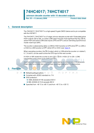 74HCT4017N datasheet - Johnson decade counter with 10 decoded outputs