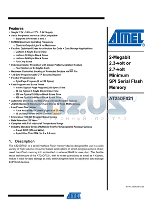 AT25DF021-MHF-Y datasheet - 2-Megabit 2.3-volt or 2.7-volt Minimum SPI Serial Flash Memory