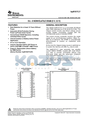 BQ4010YMA-70N datasheet - 8 k x 8 NONVOLATILE SRAM (5 V, 3.3 V)