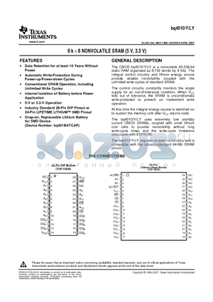 BQ4010YMA-85 datasheet - 8 k x 8 NONVOLATILE SRAM (5 V, 3.3 V)