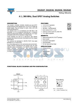 DG3537DB-T5-E1 datasheet - 4ohm, 360 MHz, Dual SPST Analog Switches