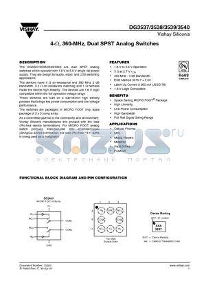 DG3539 datasheet - 4-Y, 360-MHz, Dual SPST Analog Switches