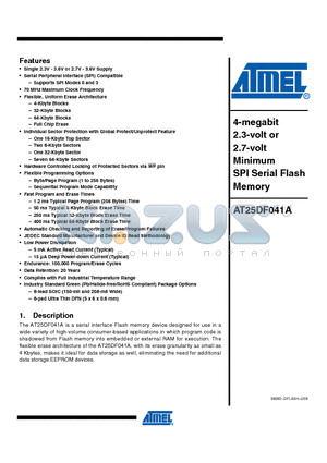 AT25DF041A-SH-T datasheet - 4-megabit 2.3-volt or 2.7volt Minimum SPI Serial Flash Memory