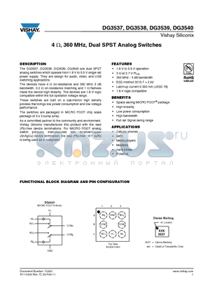 DG3539DB-T5-E1 datasheet - 4ohm, 360 MHz, Dual SPST Analog Switches