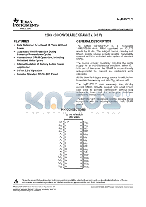 BQ4013LY datasheet - 128 k X 8 NONVOLATILE SRAM (5 V, 3.3 V)