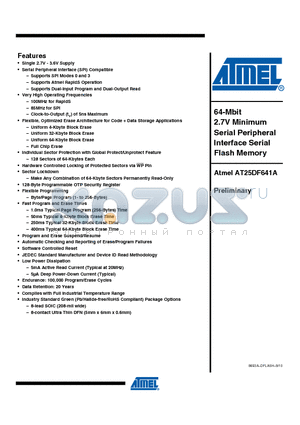 AT25DF641A-MH-T datasheet - 64-Mbit 2.7V Minimum Serial Peripheral Interface Serial Flash Memory