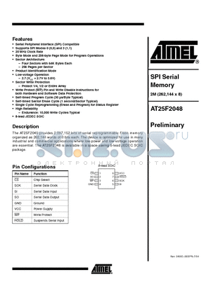 AT25F2048 datasheet - SPI Serial Memory 2M (262,144 x 8)