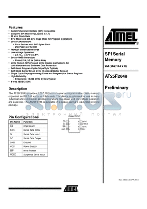 AT25F2048N-10SU-2.7 datasheet - SPI Serial Memory 2M (262,144 x 8)