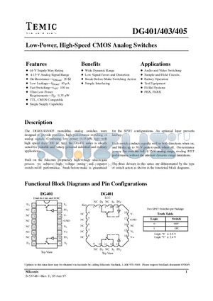 DG401 datasheet - Low-Power, High-Speed CMOS Analog Switches