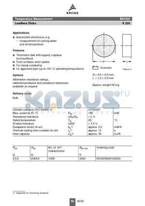 B57220K0212A003 datasheet - B57220 Temperature Measurement Leadless Disks