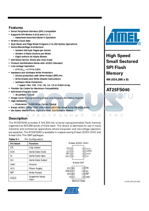 AT25FS040Y7-YH27-T datasheet - High Speed Small Sectored SPI Flash Memory 4M (524,288 x 8)