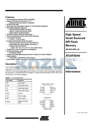 AT25FS040 datasheet - High Speed Small Sectored SPI Flash Memory