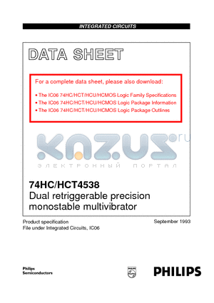 74HCT4538N datasheet - Dual retriggerable precision monostable multivibrator