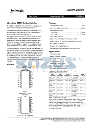 DG401DVZ datasheet - Monolithic CMOS Analog Switches