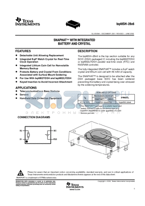 BQ48SH datasheet - SNAPHAT WITH INTEGRATED BATTERT AND CRYSTAL