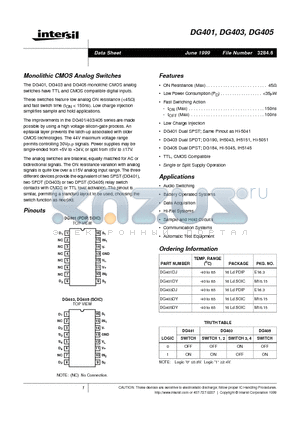DG405 datasheet - Monolithic CMOS Analog Switches