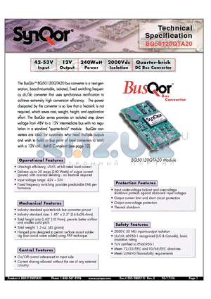 BQ50120QTA20NKS datasheet - Quarter-brick DC Bus Converter