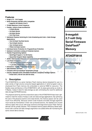 AT26DF081A-SU datasheet - 8-megabit 2.7-volt Only Serial Firmware DataFlash Memory