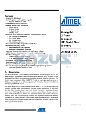 AT26DF081A-SU datasheet - 8-megabit 2.7-volt Minimum SPI Serial Flash Memory