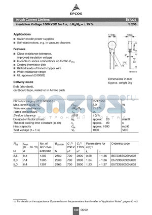 B57238S0509L002 datasheet - Insulation Voltage 1000 VDC for 1 s, RN/RN = 15 %