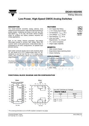DG405DY-T1-E3 datasheet - Low-Power, High-Speed CMOS Analog Switches