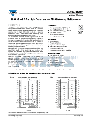 DG406 datasheet - 16-Ch/Dual 8-Ch High-Performance CMOS Analog Multiplexers