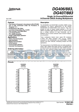 DG406/883 datasheet - Single 16-Channel/Differential 8-Channel CMOS Analog Multiplexers