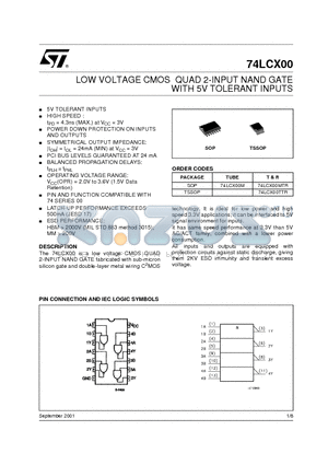 74LCX00M datasheet - LOW VOLTAGE CMOS QUAD 2-INPUT NAND GATE WITH 5V TOLERANT INPUTS