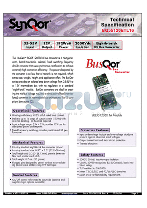 BQ55120ETL16NKS datasheet - Eighth-brick DC Bus Converter