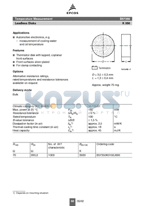 B57350K0102J000 datasheet - Temperature Measurement Leadless Disks