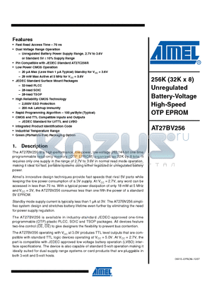 AT27BV256-70JU datasheet - 256K (32K x 8) Unregulated Battery-Voltage High-Speed OTP EPROM