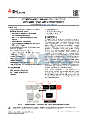 BQ51011YFFR datasheet - INTEGRATED WIRELESS POWER SUPPLY RECEIVER