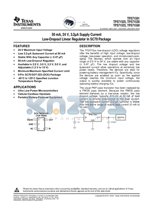 BQ71533DCKR datasheet - 50 mA, 24 V, 3.2U Supply Current Low-Dropout Linear Regulator in SC70 Package