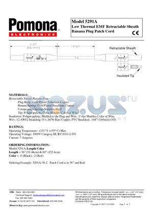 5291A-60-0 datasheet - Low Thermal EMF Retractable Sheath Banana Plug Patch Cord