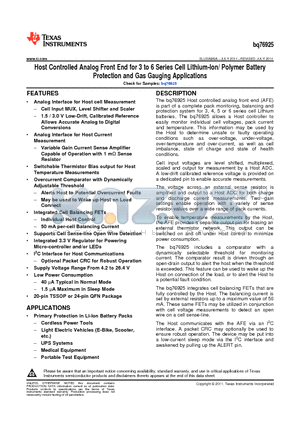 BQ76925 datasheet - Host Controlled Analog Front End for 3 to 6 Series Cell Lithium-Ion/ Polymer Battery