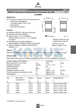 B57411 datasheet - Temperature Measurement SMD NTC Thermistors with Nickel Barrier Termination