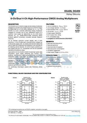 DG408 datasheet - 8-Ch/Dual 4-Ch High-Performance CMOS Analog Multiplexers