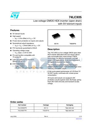 74LCX05TTR datasheet - Low voltage CMOS HEX inverter (open drain) with 5V tolerant inputs