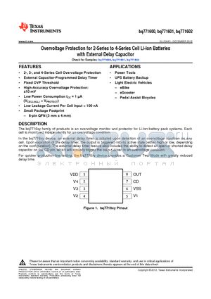 BQ771602DPJT datasheet - Overvoltage Protection for 2-Series to 4-Series Cell Li-Ion Batteries with External Delay Capacitor