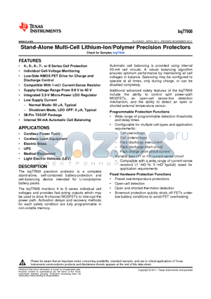 BQ77908 datasheet - Stand-Alone Multi-Cell Lithium-Ion/Polymer Precision Protectors