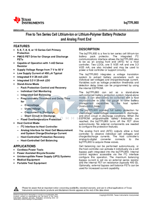 BQ77PL900 datasheet - Five to Ten Series Cell Lithium-Ion or Lithium-Polymer Battery Protector and Analog Front End