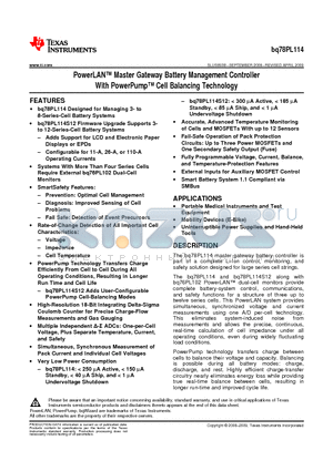 BQ78PL114RGZR datasheet - PowerLAN Master Gateway Battery Management Controller With PowerPump Cell Balancing Technology