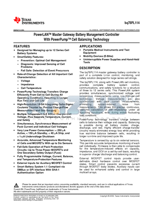 BQ78PL114S10RGZT datasheet - PowerLATM Master Gateway Battery Management Controller With PowerPumTM Cell Balancing Technology