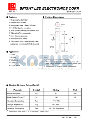 BR-B21V1-12V datasheet - GaP/GaP Green Internal For DC and pulse operation. Resistor 800Y