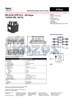 BR-301AY datasheet - BR-301AY 3PST N.O., 200 Amps, 115/200 VAC, 400 Hz